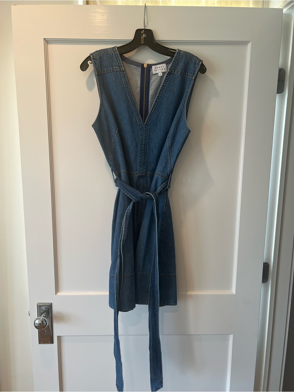 Tanya Taylor Blue Denim V-Neck Sleeveless Tie-Waist Mini Dress